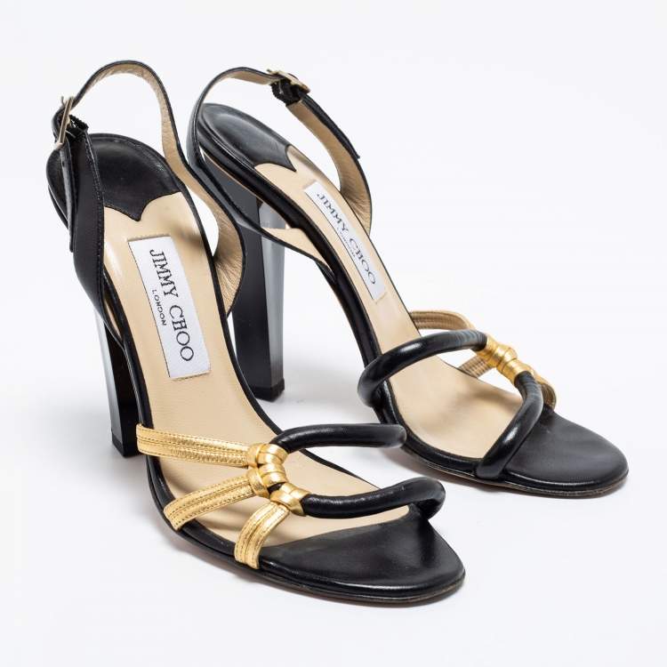 Pre Owned Jimmy Choo Black/Gold Leather Slingback Sandals Size 38