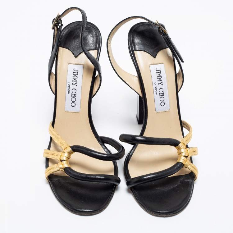 Pre Owned Jimmy Choo Black/Gold Leather Slingback Sandals Size 38