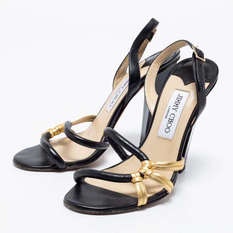 Pre Owned Jimmy Choo Black/Gold Leather Slingback Sandals Size 38