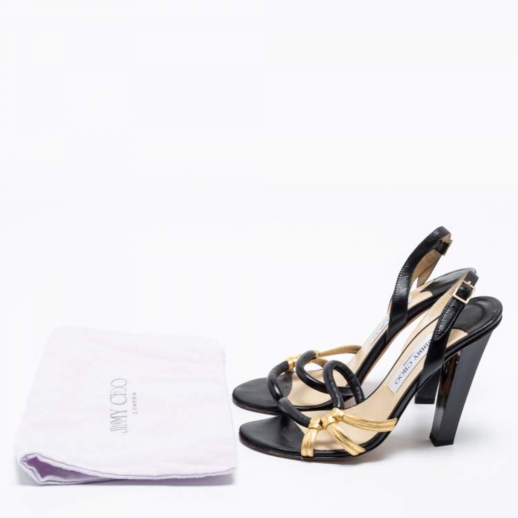 Pre Owned Jimmy Choo Black/Gold Leather Slingback Sandals Size 38