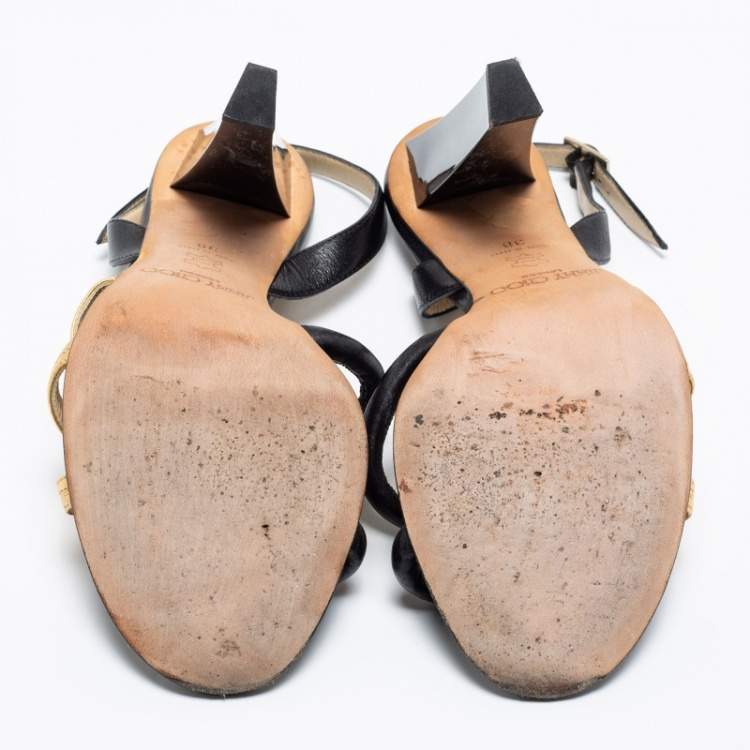 Pre Owned Jimmy Choo Black/Gold Leather Slingback Sandals Size 38