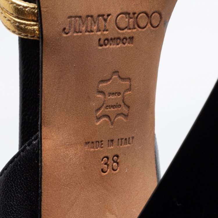 Pre Owned Jimmy Choo Black/Gold Leather Slingback Sandals Size 38