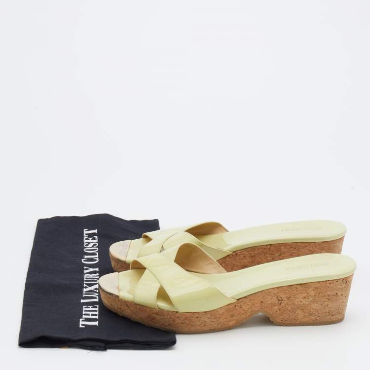 Pre Owned Jimmy Choo Green Patent Leather Prima Cork Wedge Slide Sandals Size 40