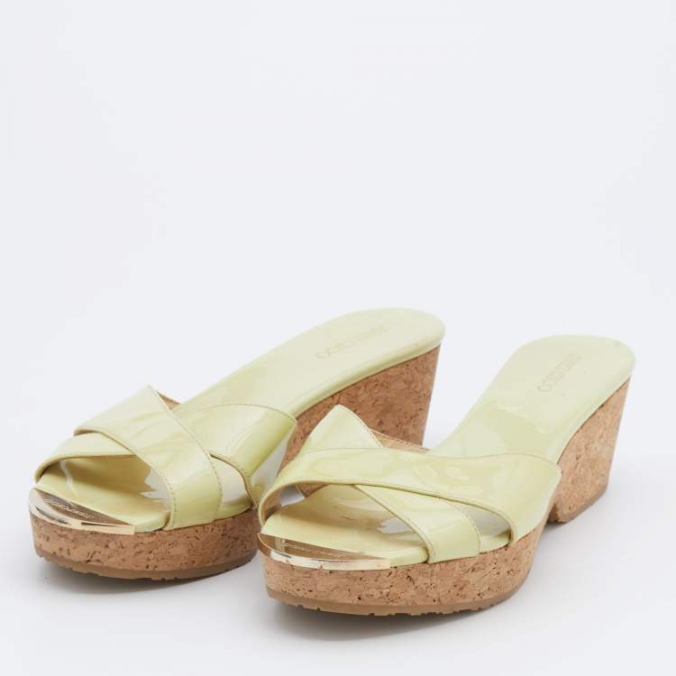 Pre Owned Jimmy Choo Green Patent Leather Prima Cork Wedge Slide Sandals Size 40