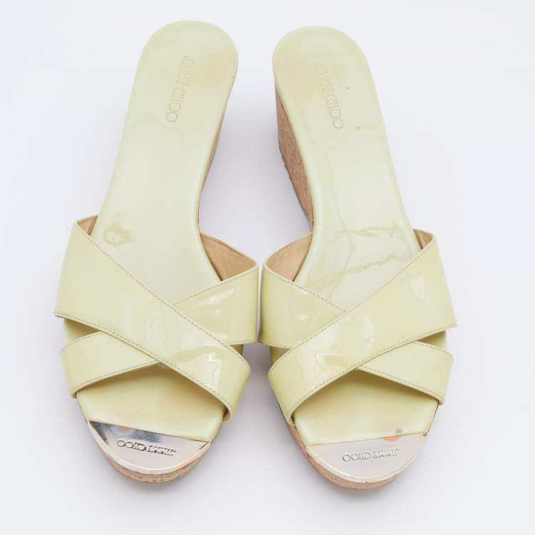 Pre Owned Jimmy Choo Green Patent Leather Prima Cork Wedge Slide Sandals Size 40