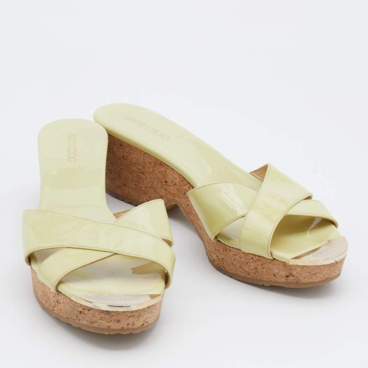 Pre Owned Jimmy Choo Green Patent Leather Prima Cork Wedge Slide Sandals Size 40