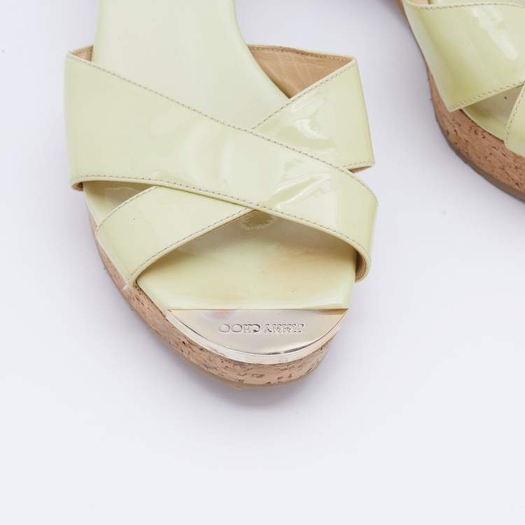 Pre Owned Jimmy Choo Green Patent Leather Prima Cork Wedge Slide Sandals Size 40