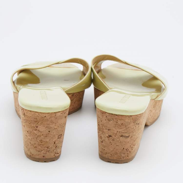 Pre Owned Jimmy Choo Green Patent Leather Prima Cork Wedge Slide Sandals Size 40