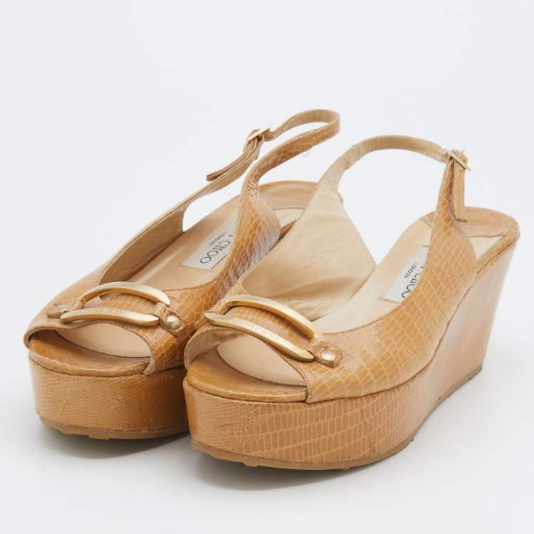 Pre Owned Jimmy Choo Beige Lizard Embossed Leather Slingback Wedge Sandals Size 39.5