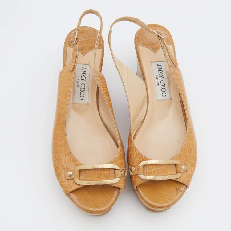 Pre Owned Jimmy Choo Beige Lizard Embossed Leather Slingback Wedge Sandals Size 39.5