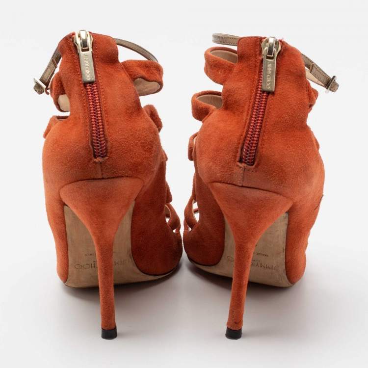 Pre Owned Jimmy Choo Orange Suede Fathom Strappy Cage Sandals Size 40