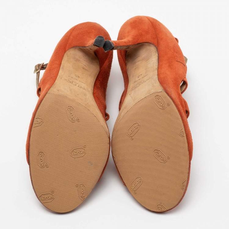 Pre Owned Jimmy Choo Orange Suede Fathom Strappy Cage Sandals Size 40