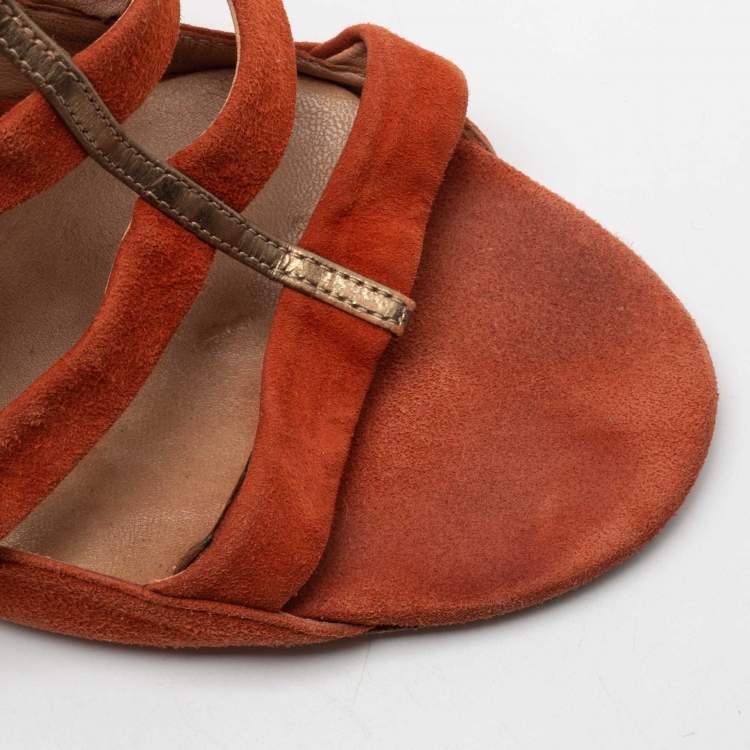 Pre Owned Jimmy Choo Orange Suede Fathom Strappy Cage Sandals Size 40