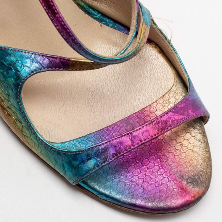 Pre Owned Jimmy Choo Multicolor Python Embossed Leather Ankle Strap Sandals Size 38.5