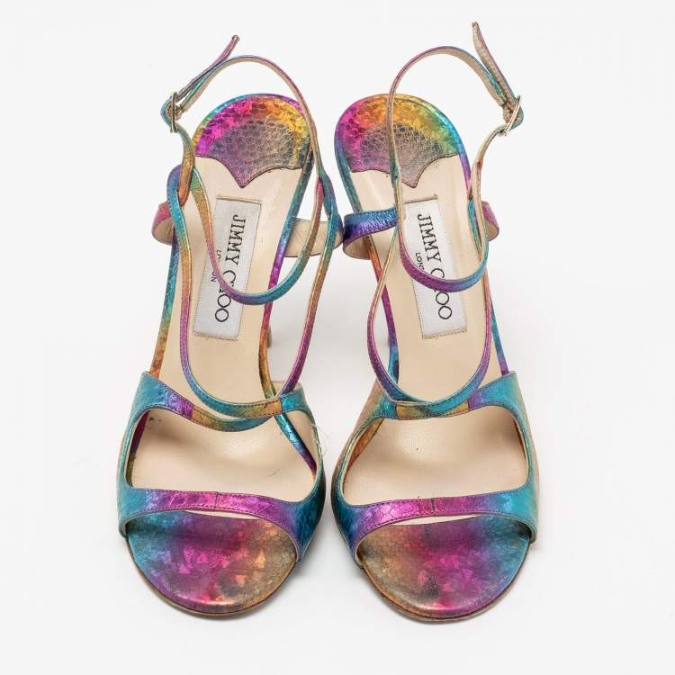 Pre Owned Jimmy Choo Multicolor Python Embossed Leather Ankle Strap Sandals Size 38.5