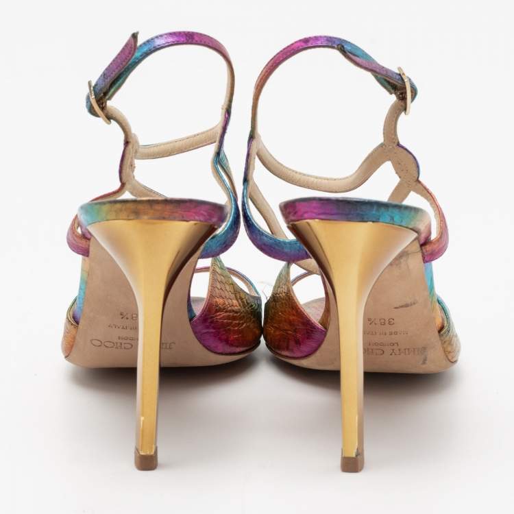 Pre Owned Jimmy Choo Multicolor Python Embossed Leather Ankle Strap Sandals Size 38.5