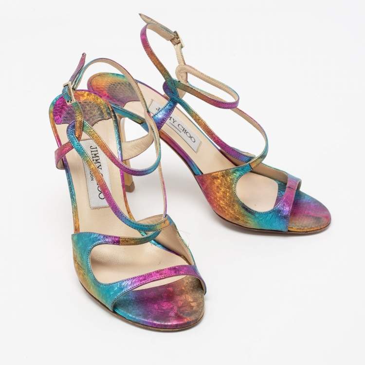 Pre Owned Jimmy Choo Multicolor Python Embossed Leather Ankle Strap Sandals Size 38.5