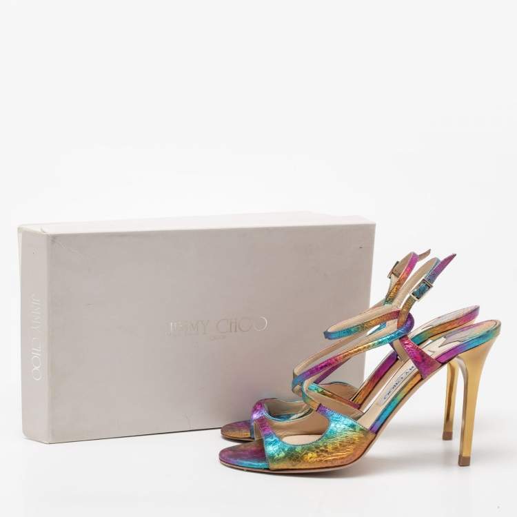 Pre Owned Jimmy Choo Multicolor Python Embossed Leather Ankle Strap Sandals Size 38.5