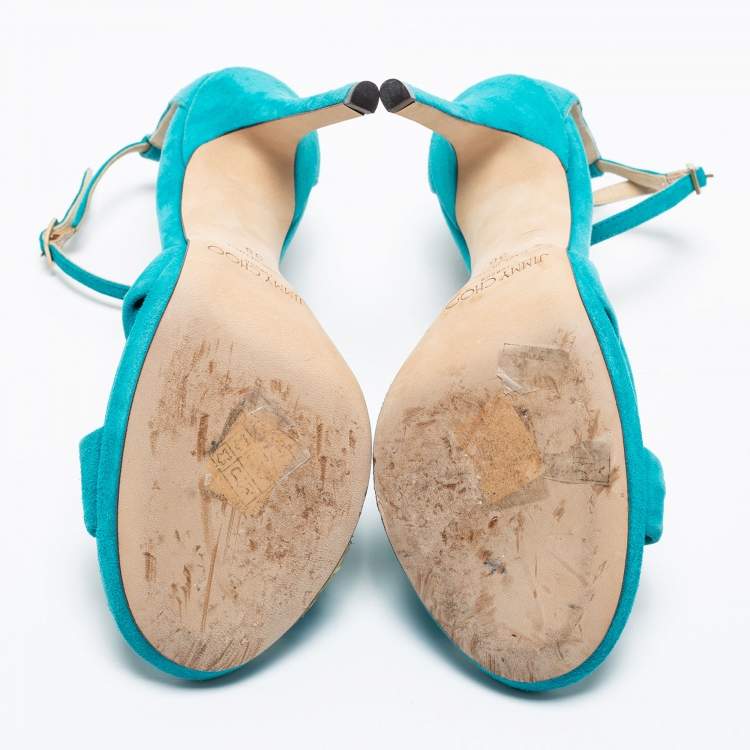Pre Owned Jimmy Choo Turquoise Blue Suede Ankle Strap Sandals Size 38