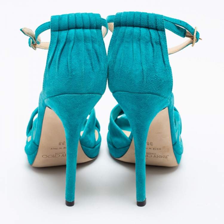 Pre Owned Jimmy Choo Turquoise Blue Suede Ankle Strap Sandals Size 38