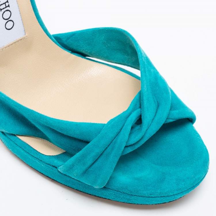 Pre Owned Jimmy Choo Turquoise Blue Suede Ankle Strap Sandals Size 38