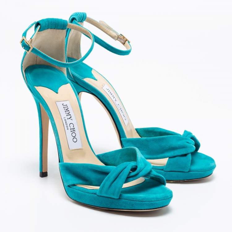 Pre Owned Jimmy Choo Turquoise Blue Suede Ankle Strap Sandals Size 38