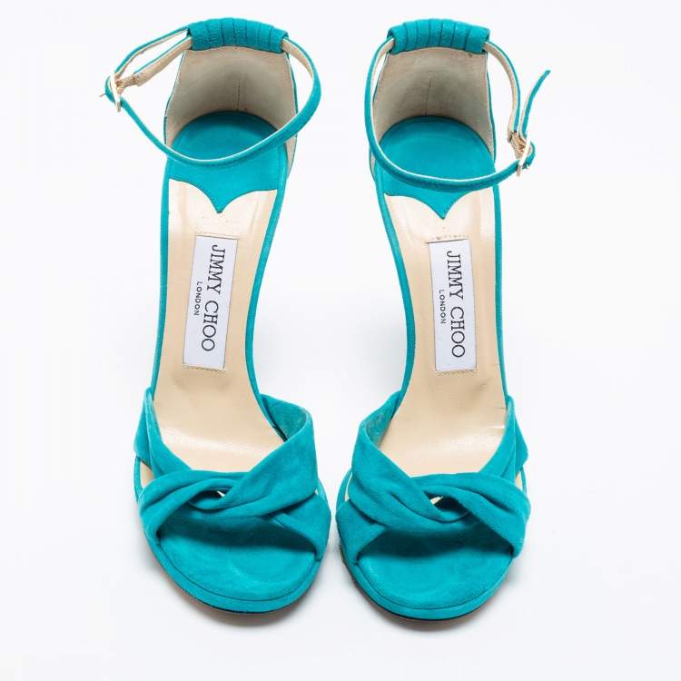 Pre Owned Jimmy Choo Turquoise Blue Suede Ankle Strap Sandals Size 38