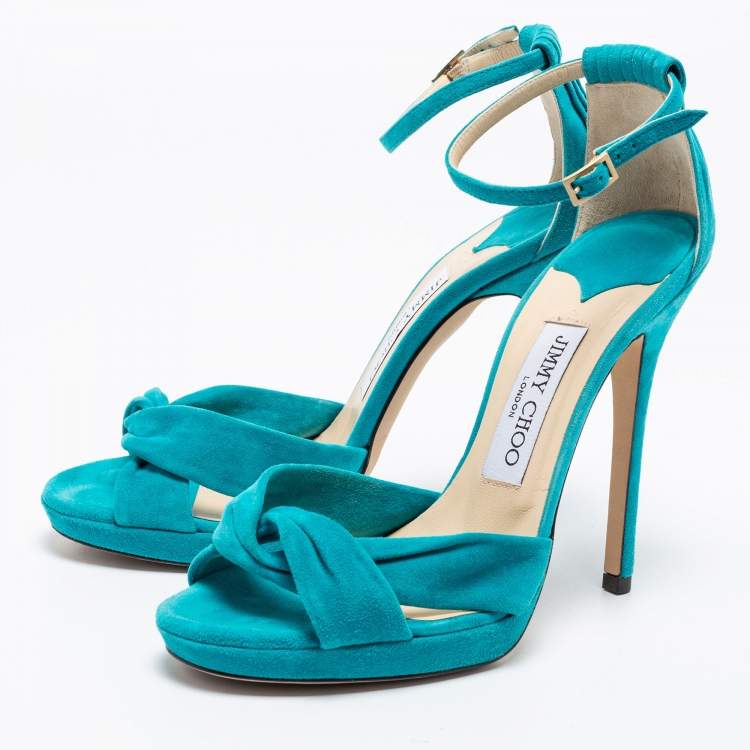 Pre Owned Jimmy Choo Turquoise Blue Suede Ankle Strap Sandals Size 38