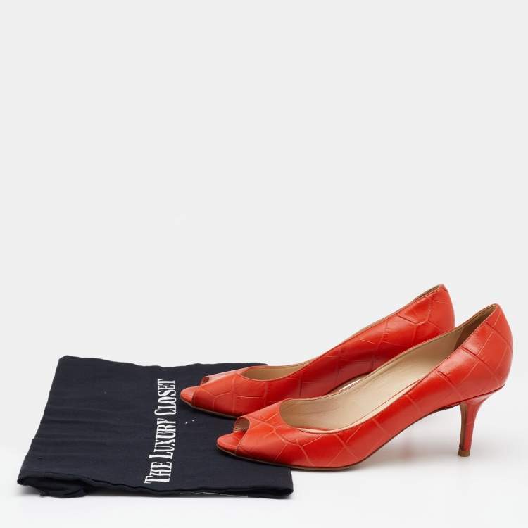 Pre Owned Jimmy Choo Orange Croc Embossed Leather Comet Peep Toe Pumps Size 37