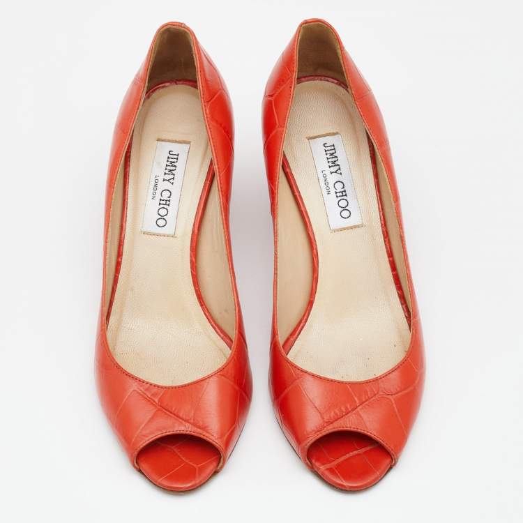 Pre Owned Jimmy Choo Orange Croc Embossed Leather Comet Peep Toe Pumps Size 37