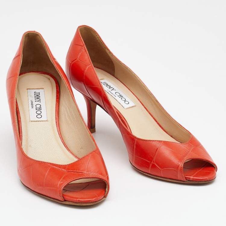 Pre Owned Jimmy Choo Orange Croc Embossed Leather Comet Peep Toe Pumps Size 37