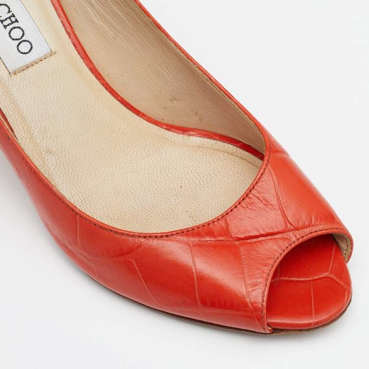 Pre Owned Jimmy Choo Orange Croc Embossed Leather Comet Peep Toe Pumps Size 37