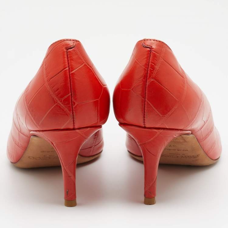 Pre Owned Jimmy Choo Orange Croc Embossed Leather Comet Peep Toe Pumps Size 37