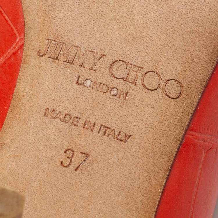 Pre Owned Jimmy Choo Orange Croc Embossed Leather Comet Peep Toe Pumps Size 37