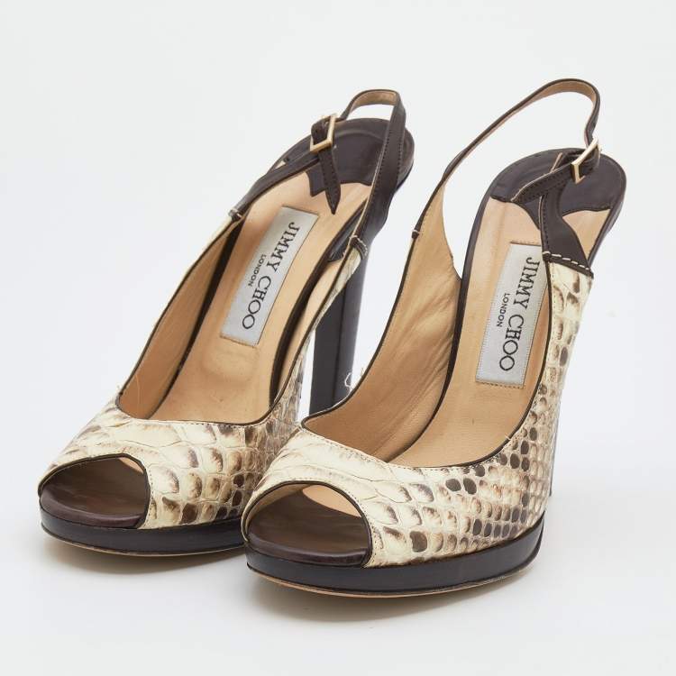 Pre Owned Jimmy Choo Beige/Brown Python and Leather Open Toe Slingback Sandals Size 39