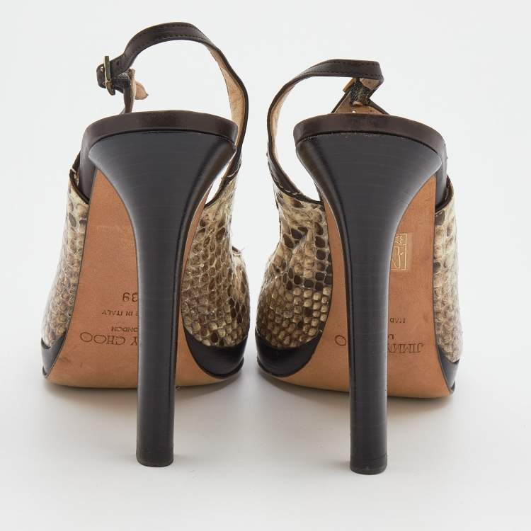 Pre Owned Jimmy Choo Beige/Brown Python and Leather Open Toe Slingback Sandals Size 39