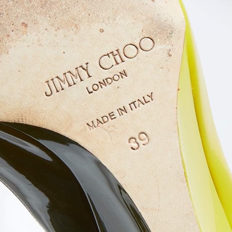 Pre Owned Jimmy Choo Citrine Patent Leather Bello Peep Toe Wedge Pumps Size 39
