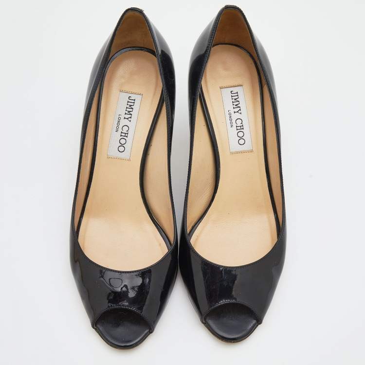 Pre Owned Jimmy Choo Black Patent Leather Isabel Peep Toe Pumps Size 37