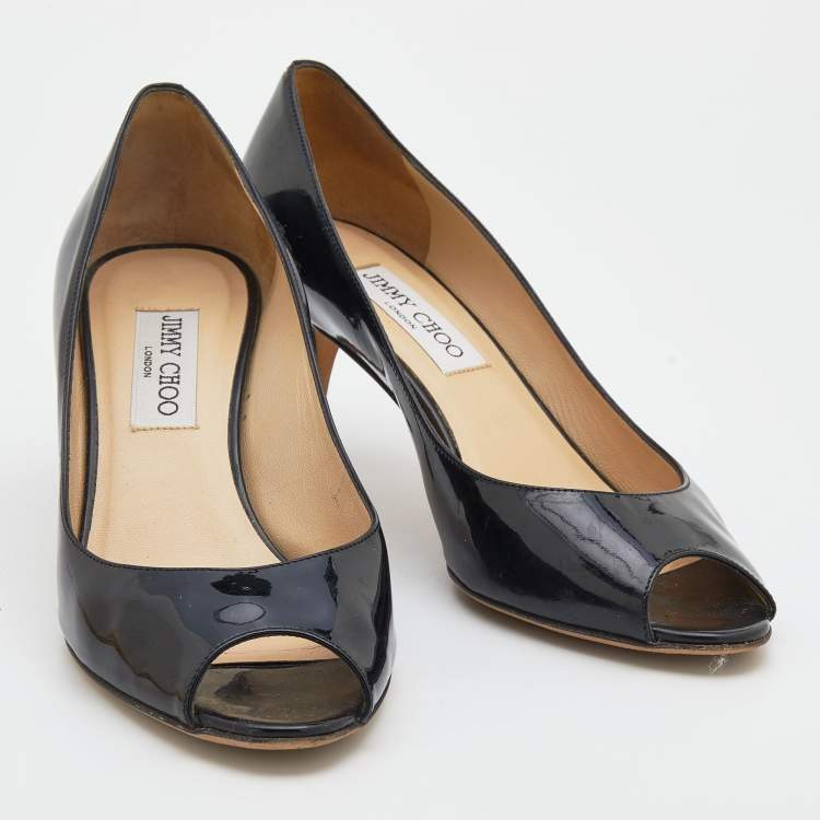 Pre Owned Jimmy Choo Black Patent Leather Isabel Peep Toe Pumps Size 37