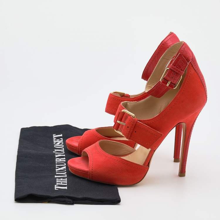 Pre Owned Jimmy Choo Orange Leather Ankle Strap Sandals Size 39