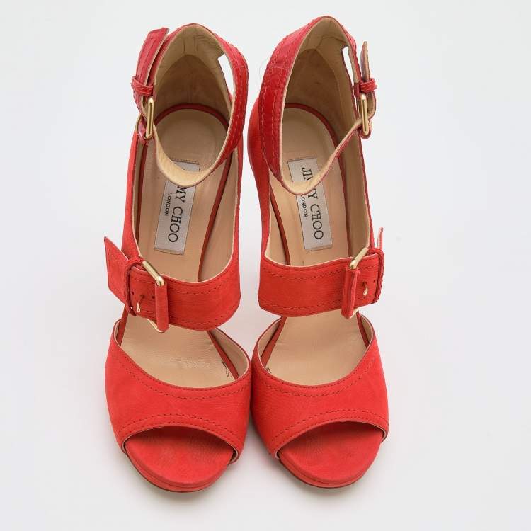 Pre Owned Jimmy Choo Orange Leather Ankle Strap Sandals Size 39
