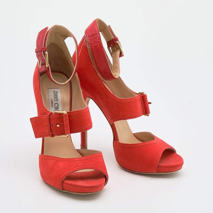 Pre Owned Jimmy Choo Orange Leather Ankle Strap Sandals Size 39