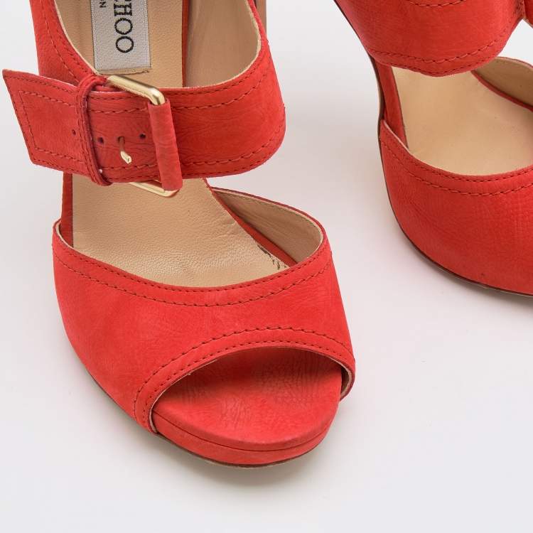 Pre Owned Jimmy Choo Orange Leather Ankle Strap Sandals Size 39