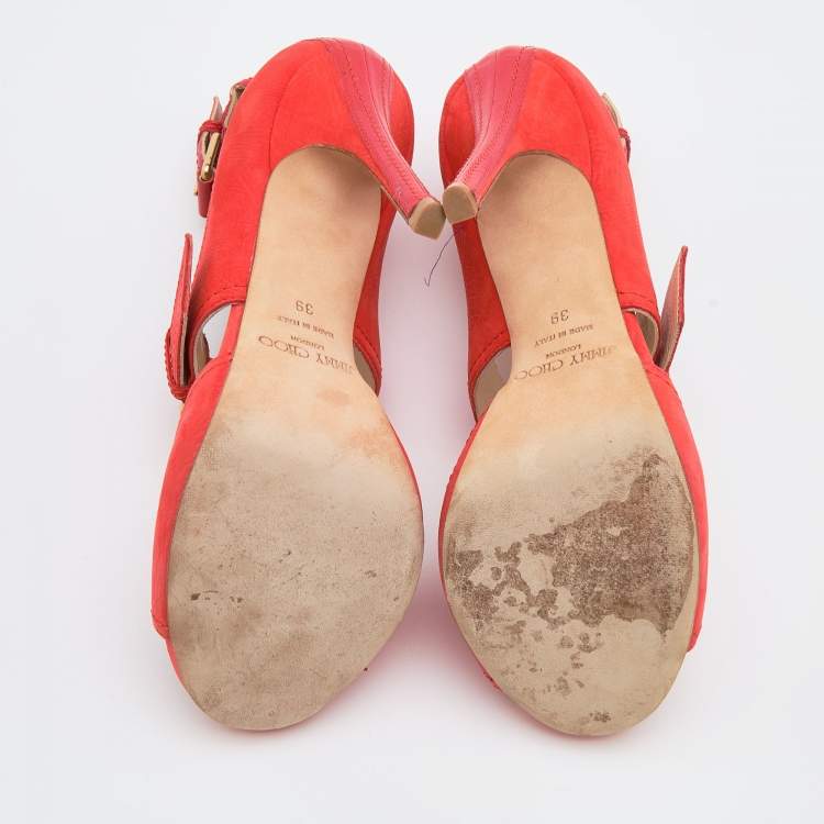 Pre Owned Jimmy Choo Orange Leather Ankle Strap Sandals Size 39