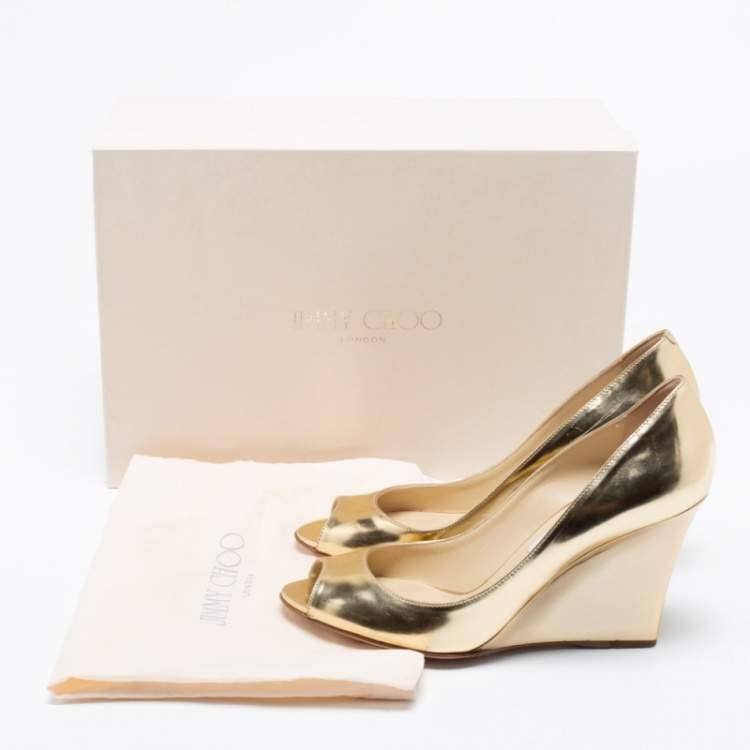 Pre Owned Jimmy Choo Gold Leather Baxen Peep-Toe Wedge Pumps Size 37.5