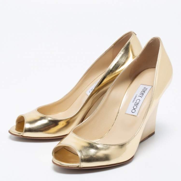 Pre Owned Jimmy Choo Gold Leather Baxen Peep-Toe Wedge Pumps Size 37.5