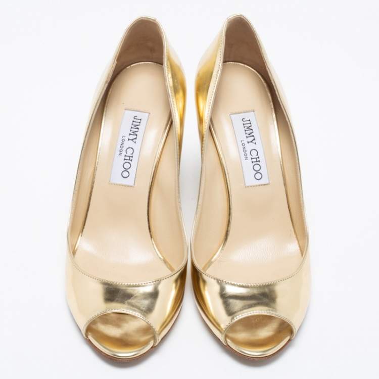 Pre Owned Jimmy Choo Gold Leather Baxen Peep-Toe Wedge Pumps Size 37.5
