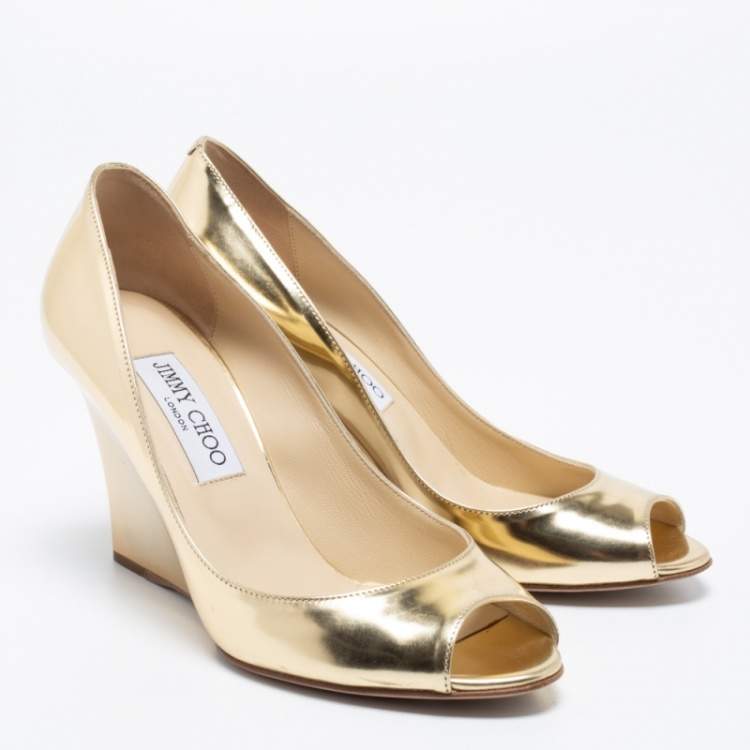 Pre Owned Jimmy Choo Gold Leather Baxen Peep-Toe Wedge Pumps Size 37.5