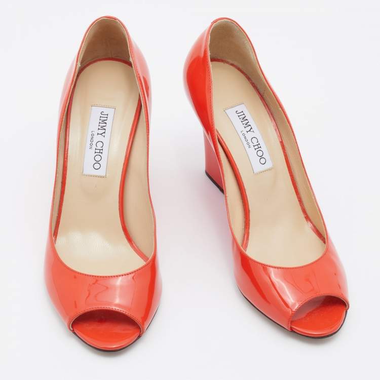 Pre Owned Jimmy Choo Orange Patent Leather Wedge Peep Toe Pumps Size 39