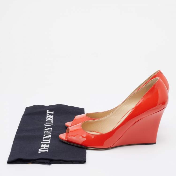 Pre Owned Jimmy Choo Orange Patent Leather Wedge Peep Toe Pumps Size 39